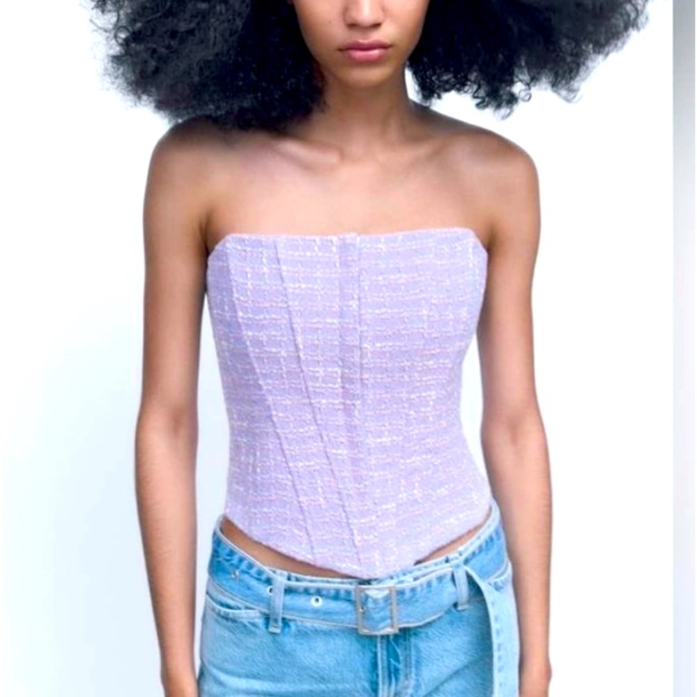 NWT lavender and blue Zara tweed corset top with front hooks size Small